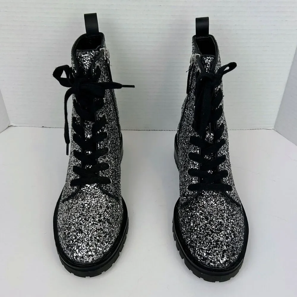 Kate Spade Jemma Glitter Combat Boots Lace Up Shoes Sparkle Leather Silver 7.5